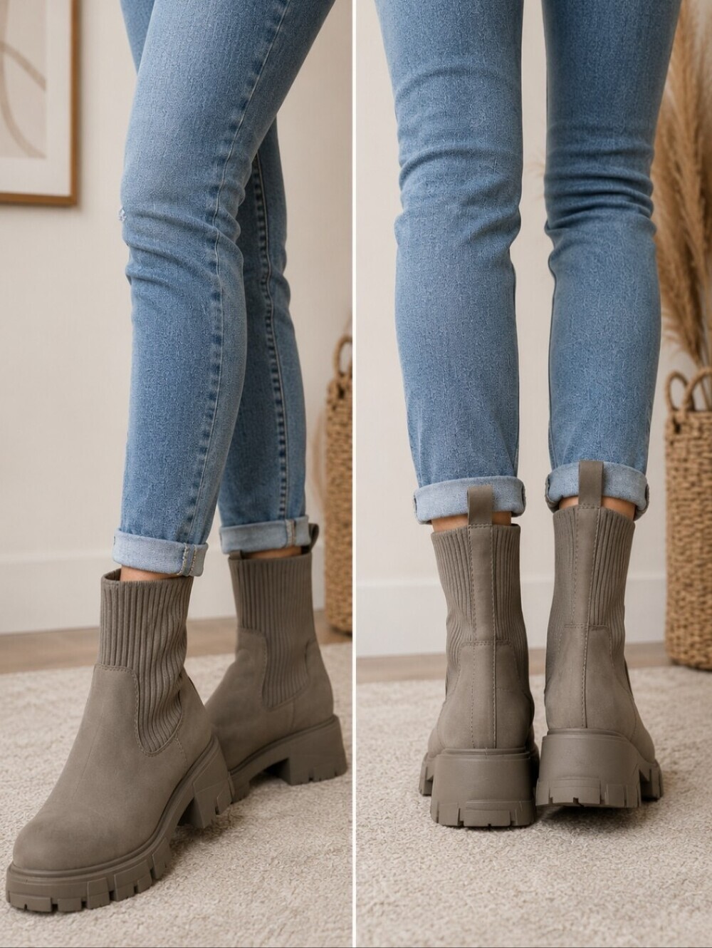 ZBY Taupe Chunky Lug Sole Sock Boots Size 9.5 Minimalist Chelsea Ankle Boots